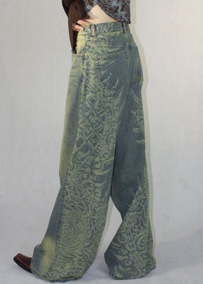 Blue Print Pockets High Waist Denim Pants Fall Qf052
