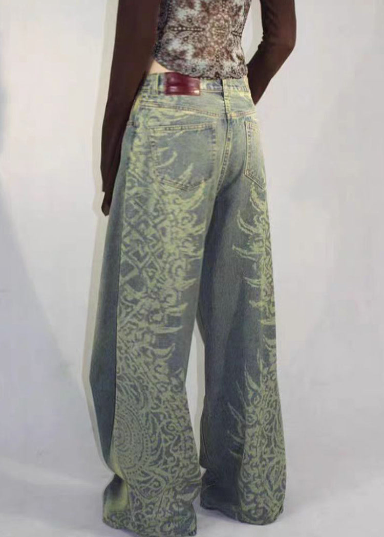 Blue Print Pockets High Waist Denim Pants Fall Qf052