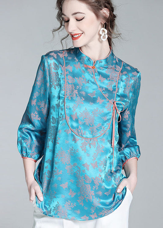 Blue Stand Collar Patchwork Jacquard Silk Blouse Tops Spring Ly0139