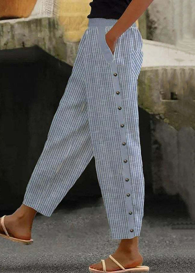 Blue Striped Pockets High Waist Cotton Crop Pants Summer Qa028