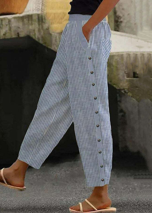 Blue Striped Pockets High Waist Cotton Crop Pants Summer Qa028