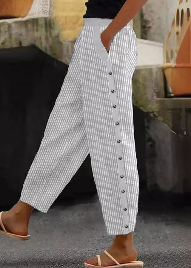 Blue Striped Pockets High Waist Cotton Crop Pants Summer Qa028