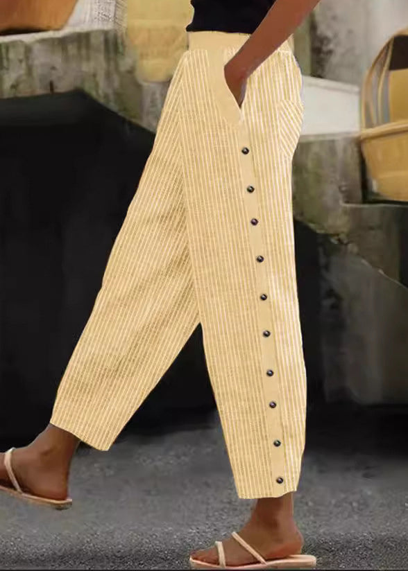 Blue Striped Pockets High Waist Cotton Crop Pants Summer Qa028