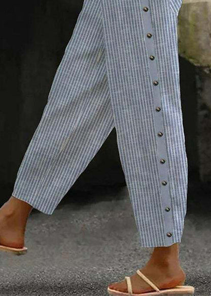 Blue Striped Pockets High Waist Cotton Crop Pants Summer Qa028