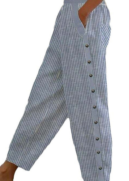 Blue Striped Pockets High Waist Cotton Crop Pants Summer Qa028