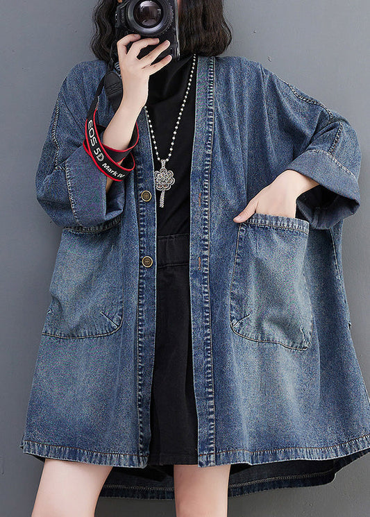 Blue V Neck Patchwork Button Trench Coats Spring Ac2006