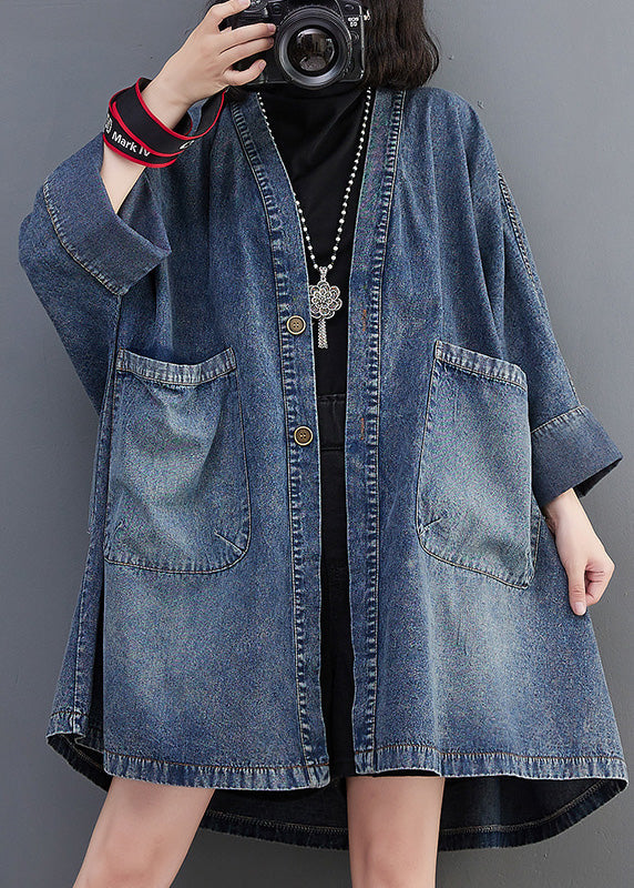 Blue V Neck Patchwork Button Trench Coats Spring Ac2006
