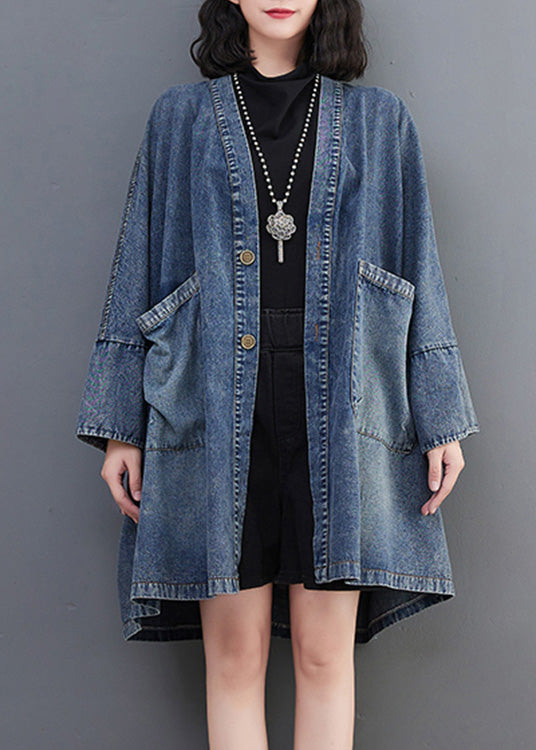 Blue V Neck Patchwork Button Trench Coats Spring Ac2006