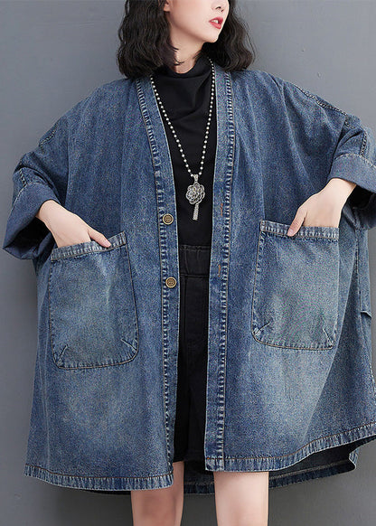 Blue V Neck Patchwork Button Trench Coats Spring Ac2006
