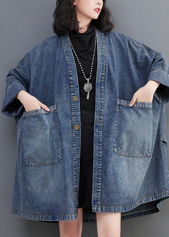Blue V Neck Patchwork Button Trench Coats Spring Ac2006