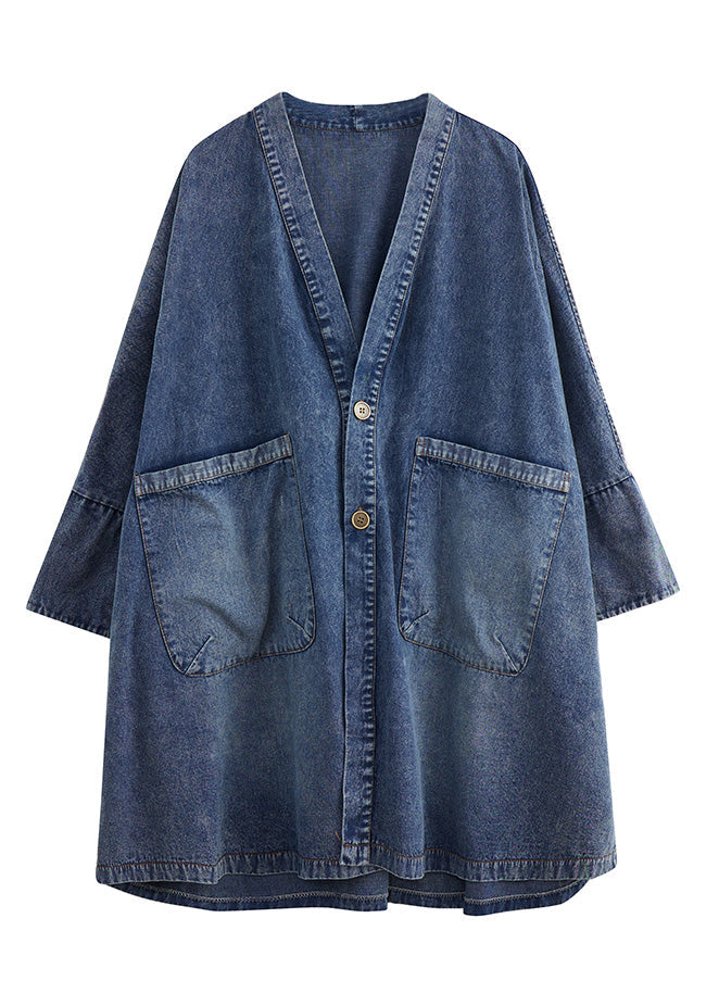 Blue V Neck Patchwork Button Trench Coats Spring Ac2006