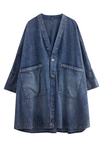 Blue V Neck Patchwork Button Trench Coats Spring Ac2006