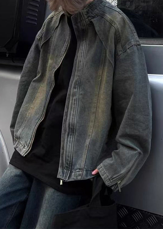 Blue Zip Up Denim Coats Stand Collar Fall Wa024