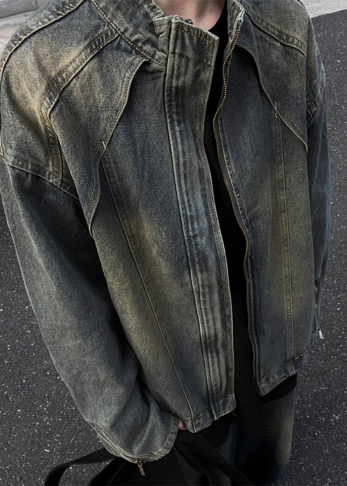 Blue Zip Up Denim Coats Stand Collar Fall Wa024