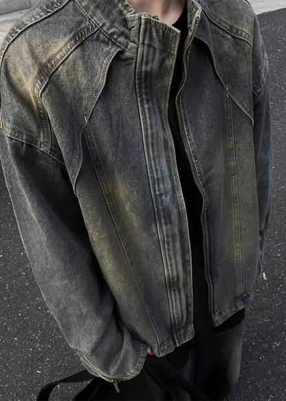 Blue Zip Up Denim Coats Stand Collar Fall Wa024