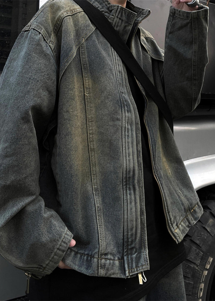 Blue Zip Up Denim Coats Stand Collar Fall Wa024