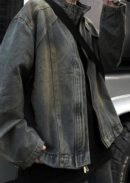 Blue Zip Up Denim Coats Stand Collar Fall Wa024