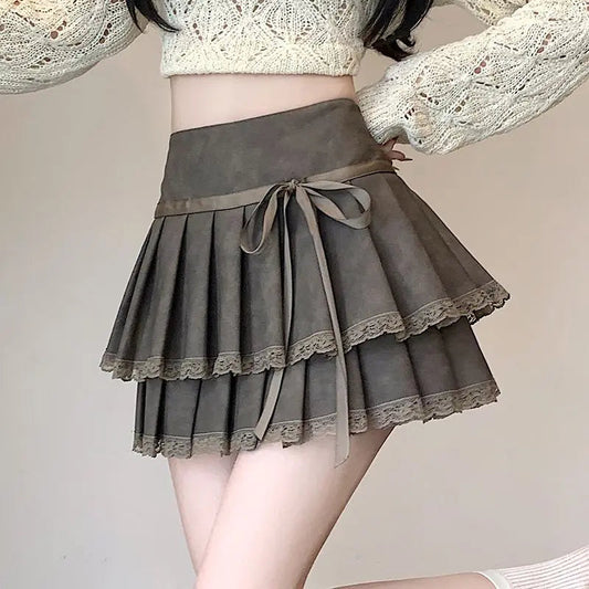 Bow Pleated Pu Skirt