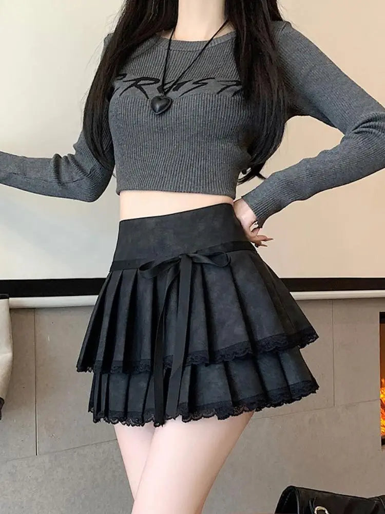 Bow Pleated Pu Skirt