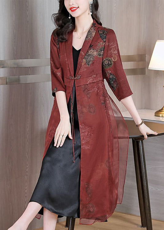 Brick Red Embroideried Silk Cardigans Bracelet Sleeve Ly1005