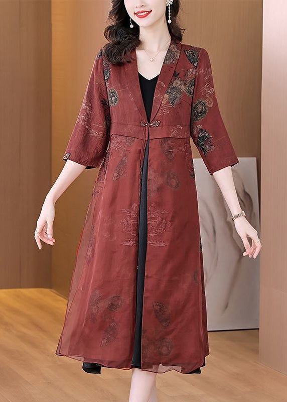Brick Red Embroideried Silk Cardigans Bracelet Sleeve Ly1005