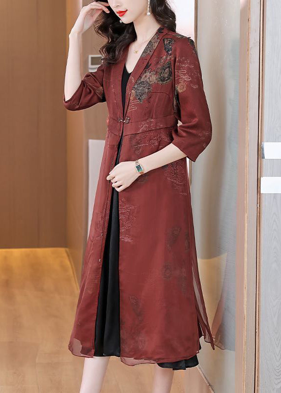 Brick Red Embroideried Silk Cardigans Bracelet Sleeve Ly1005