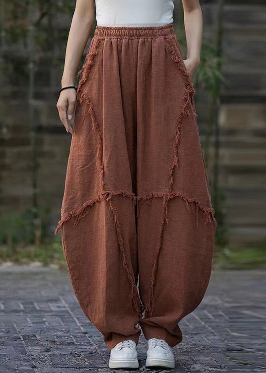 Brick Red Pockets High Waist Linen Pants Summer Qe040