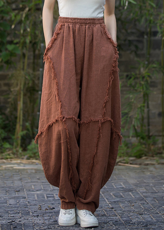 Brick Red Pockets High Waist Linen Pants Summer Qe040