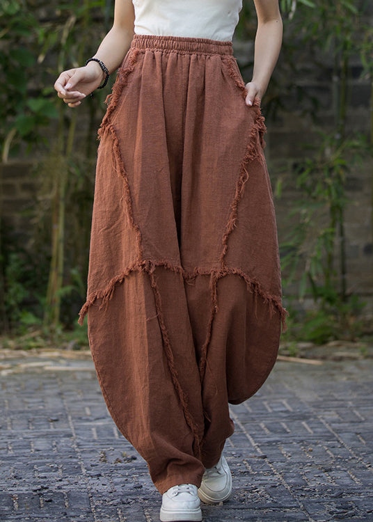 Brick Red Pockets High Waist Linen Pants Summer Qe040