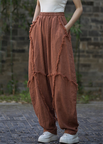 Brick Red Pockets High Waist Linen Pants Summer Qe040