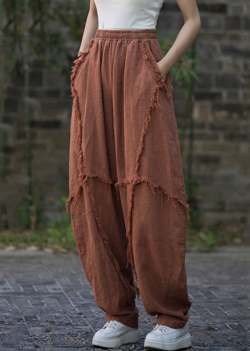 Brick Red Pockets High Waist Linen Pants Summer Qe040
