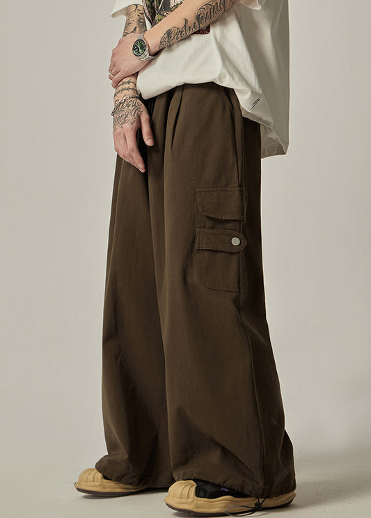 Pockets Drawstring Pants Brown Wide Leg Cotton