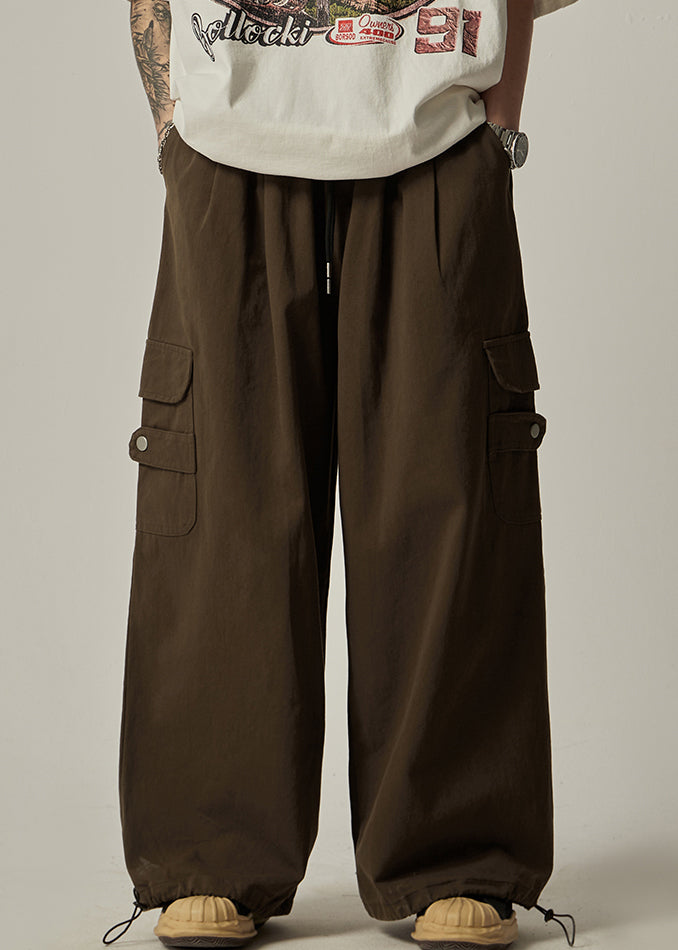 Pockets Drawstring Pants Brown Wide Leg Cotton
