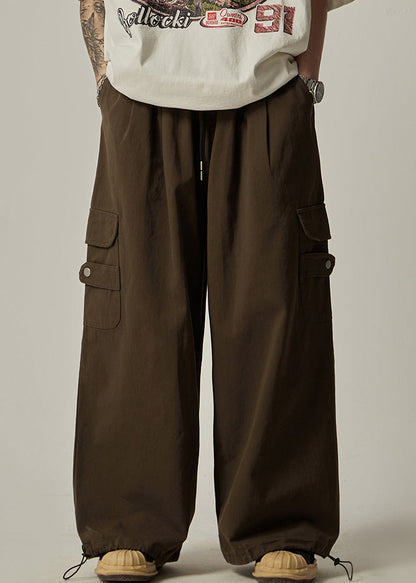 Pockets Drawstring Pants Brown Wide Leg Cotton