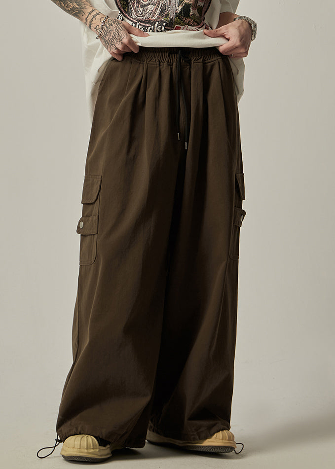 Pockets Drawstring Pants Brown Wide Leg Cotton