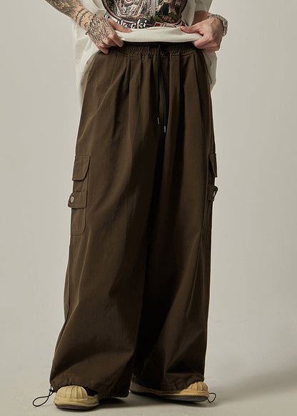 Pockets Drawstring Pants Brown Wide Leg Cotton