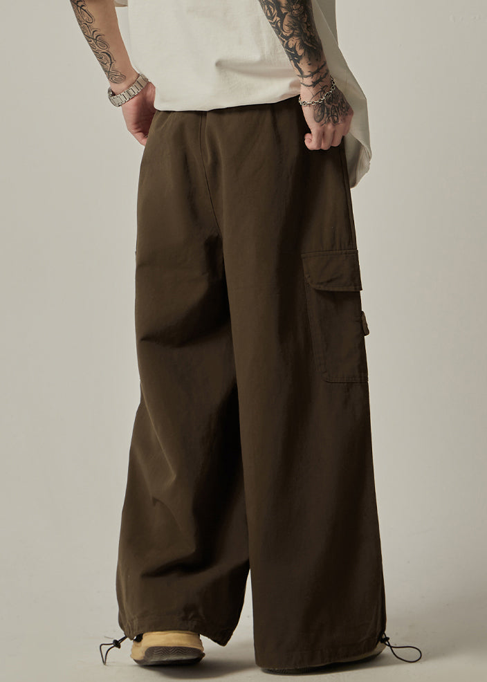 Pockets Drawstring Pants Brown Wide Leg Cotton