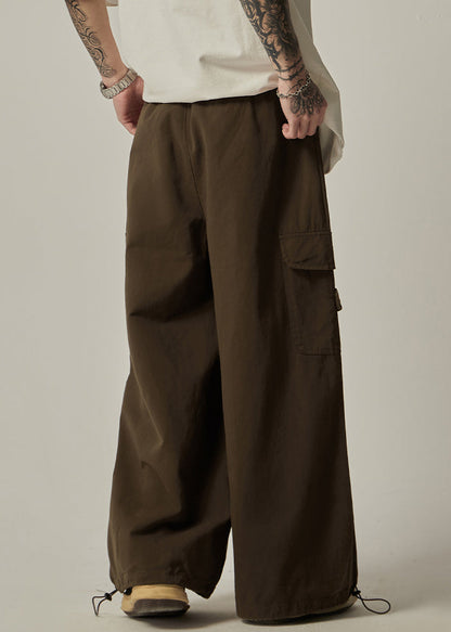 Pockets Drawstring Pants Brown Wide Leg Cotton