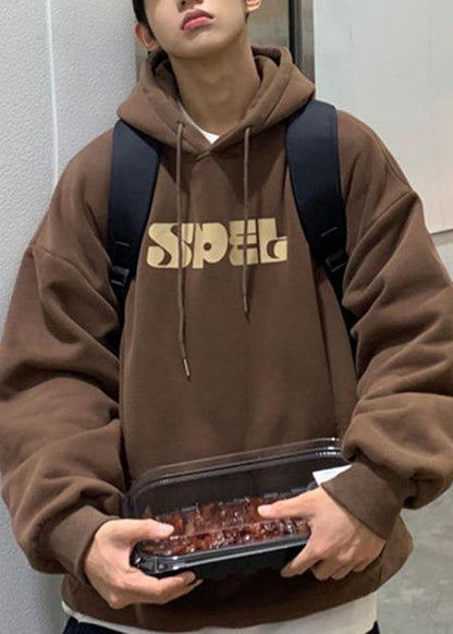 Brown Hooded Print Lace Up Cotton Sweatshirt Spring Yq026