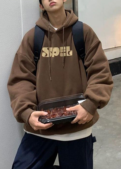Brown Hooded Print Lace Up Cotton Sweatshirt Spring Yq026