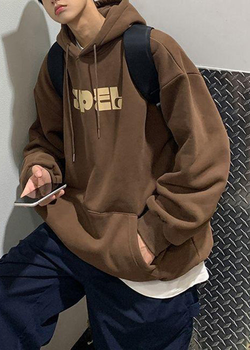 Brown Hooded Print Lace Up Cotton Sweatshirt Spring Yq026