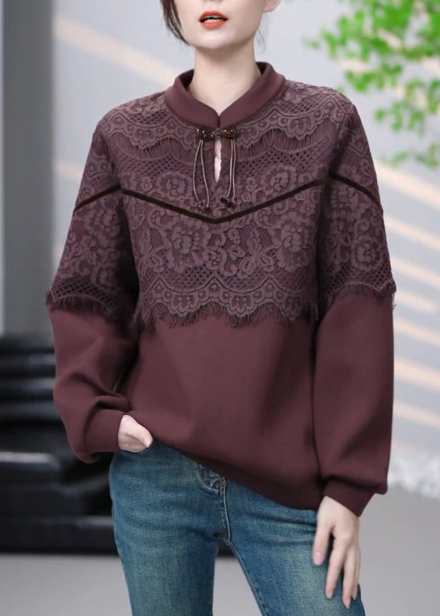 Brown Lace Patchwork Cotton Sweatshirt Winter Rl001