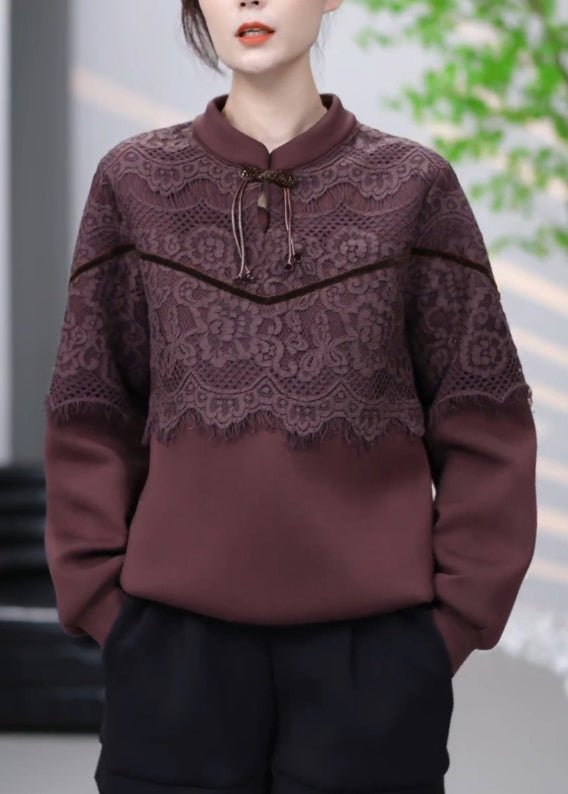 Brown Lace Patchwork Cotton Sweatshirt Winter Rl001