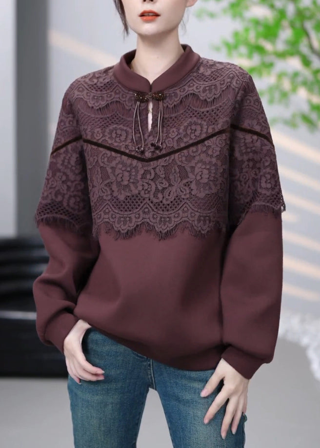 Brown Lace Patchwork Cotton Sweatshirt Winter Rl001