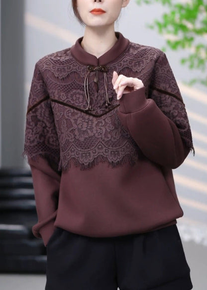 Brown Lace Patchwork Cotton Sweatshirt Winter Rl001
