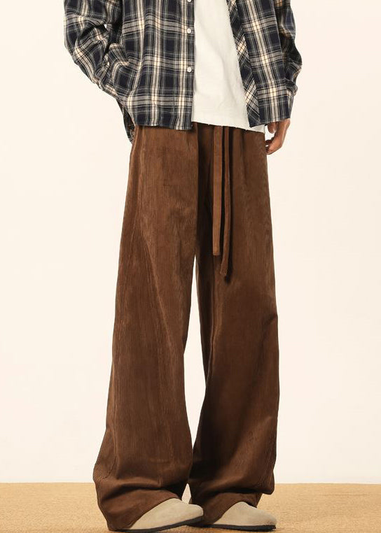 Brown Lace Up Corduroy Pants Spring Rm062