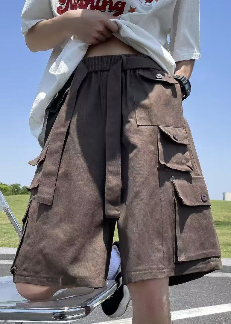 Cotton Shorts Waist Summer Pockets Brown Elastic