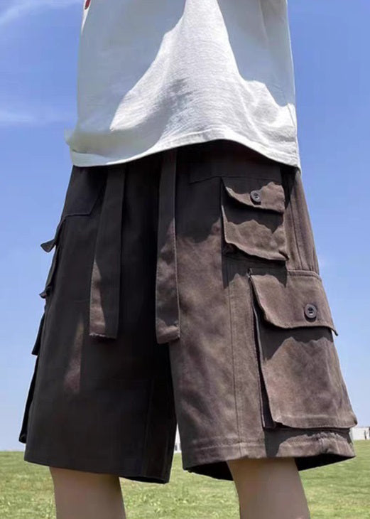 Cotton Shorts Waist Summer Pockets Brown Elastic