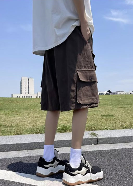 Cotton Shorts Waist Summer Pockets Brown Elastic