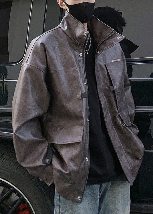 Brown Zip Up Pockets Faux Leather Coat Spring Rn016